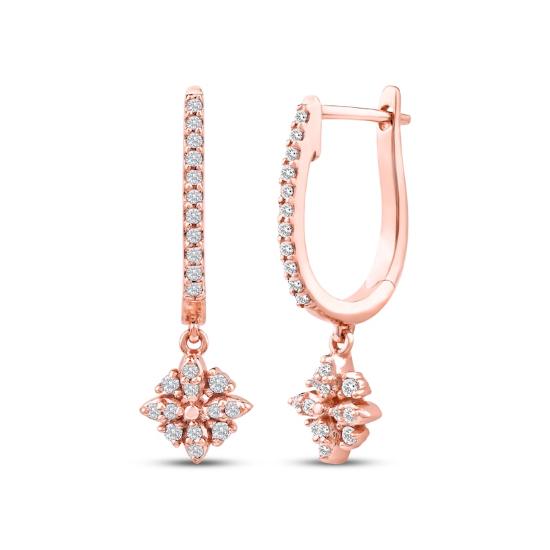 Main Image 1 of Diamond Flower Dangle Hoop Earrings 1/6 ct tw 10K Rose Gold