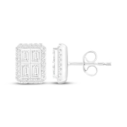 Baguette & Round-Cut Multi-Diamond Octagon Stud Earrings 1/3 ct tw 10K White Gold