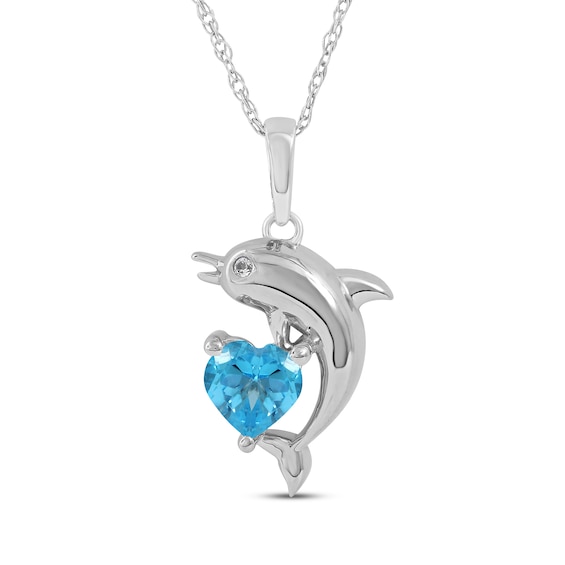 Heart-Shaped Swiss Blue Topaz & White Lab-Created Sapphire Dolphin Necklace Sterling Silver 18"