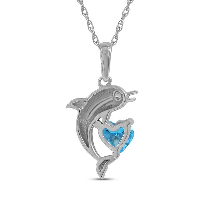 Main Image 3 of Heart-Shaped Swiss Blue Topaz & White Lab-Created Sapphire Dolphin Necklace Sterling Silver 18&quot;