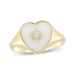 Heart-Shaped Lab-Created Opal & Diamond Accent Star Signet Ring 10K Yellow Gold