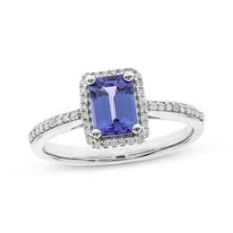 Emerald-Cut Tanzanite & Round-Cut Diamond Ring 1/6 ct tw Sterling Silver