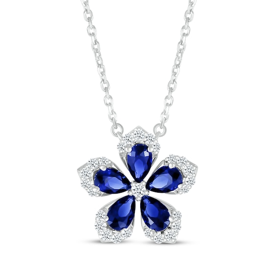 Pear-Shaped Blue Lab-Created Sapphire & Round-Cut White Lab-Created Sapphire Flower Necklace Sterling Silver 18“