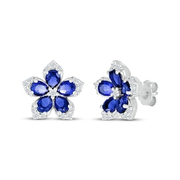 Pear-Shaped Blue Lab-Created Sapphire & Round-Cut White Lab-Created Sapphire Flower Stud Earrings Sterling Silver