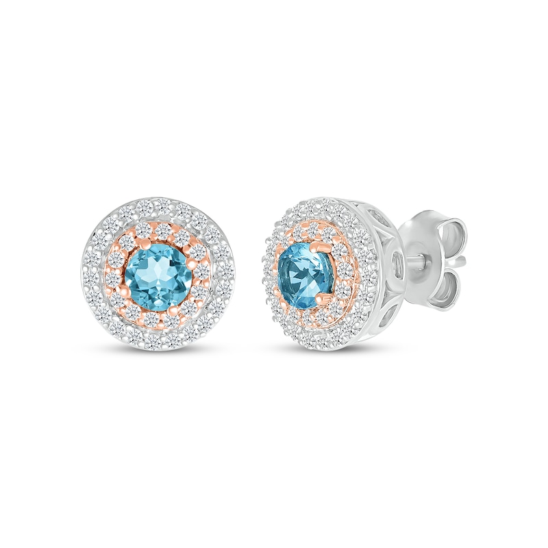 Main Image 1 of Swiss Blue Topaz & Diamond Stud Earrings 1/3 ct tw Sterling Silver & 10K Rose Gold