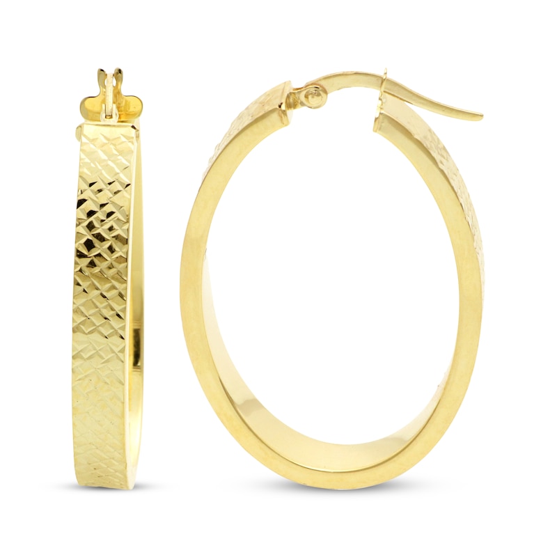 Diamond-Cut Flat Tube Oval Hoop Earrings 10K Yellow Gold | Kay