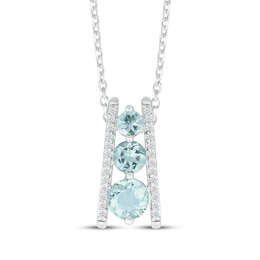 Aquamarine & Diamond Three-Stone Ladder Necklace 1/10 ct tw 10K White Gold 18&quot;