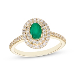 Oval-Cut Natural Emerald & Diamond Double Halo Ring 1/3 ct tw 10K Yellow Gold