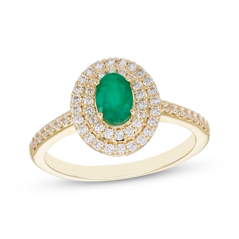 Oval-Cut Natural Emerald & Diamond Double Halo Ring 1/3 ct tw 10K Yellow Gold