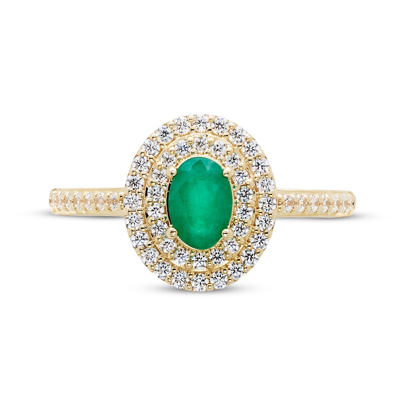 Oval-Cut Natural Emerald & Diamond Double Halo Ring 1/3 ct tw 10K Yellow Gold