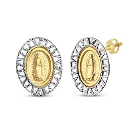 Children's Diamond-Cut Mother Mary Oval Earrings 14K Two-Tone Gold