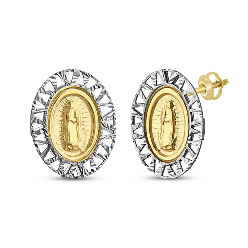 Main Image 1 of Children's Diamond-Cut Mother Mary Oval Earrings 14K Two-Tone Gold