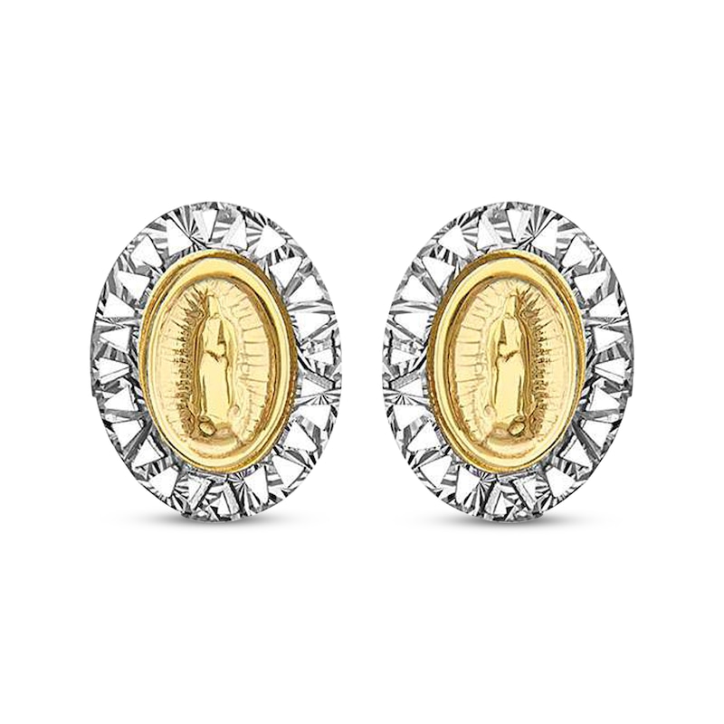 Main Image 2 of Children's Diamond-Cut Mother Mary Oval Earrings 14K Two-Tone Gold