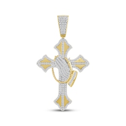 Men's Baguette & Round-Cut Diamond Cross & Praying Hands Charm 3/4 ct tw 10K Yellow Gold