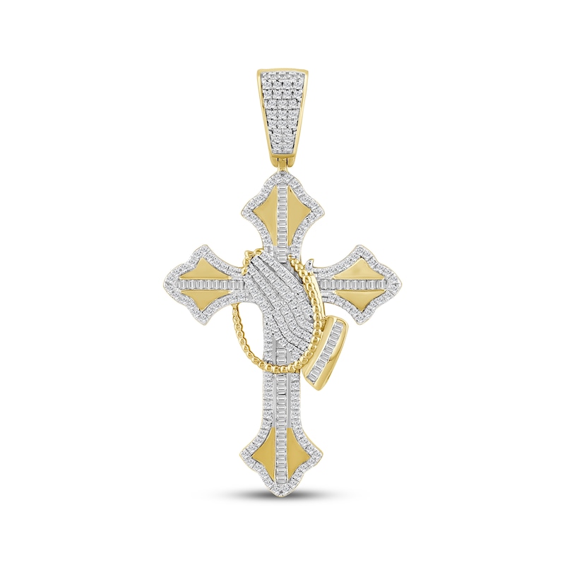 Main Image 1 of Men's Baguette & Round-Cut Diamond Cross & Praying Hands Charm 3/4 ct tw 10K Yellow Gold