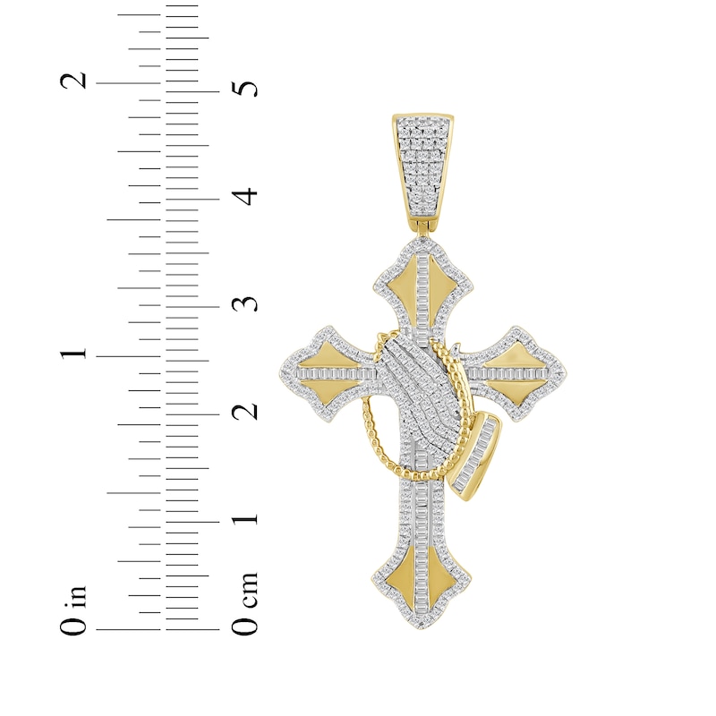 Main Image 3 of Men's Baguette & Round-Cut Diamond Cross & Praying Hands Charm 3/4 ct tw 10K Yellow Gold