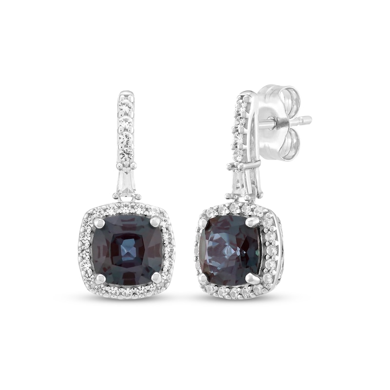 Main Image 1 of Cushion-Cut Lab-Created Alexandrite & White Lab-Created Sapphire Halo Drop Earrings Sterling Silver