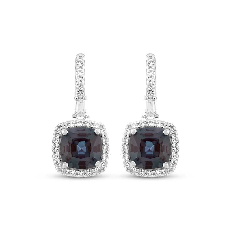 Main Image 2 of Cushion-Cut Lab-Created Alexandrite & White Lab-Created Sapphire Halo Drop Earrings Sterling Silver