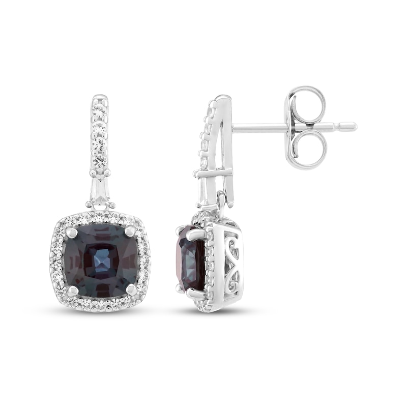 Main Image 3 of Cushion-Cut Lab-Created Alexandrite & White Lab-Created Sapphire Halo Drop Earrings Sterling Silver