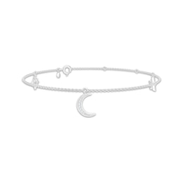 Diamond Crescent Moon & Star Dangle Anklet 1/8 ct tw Sterling Silver 10"