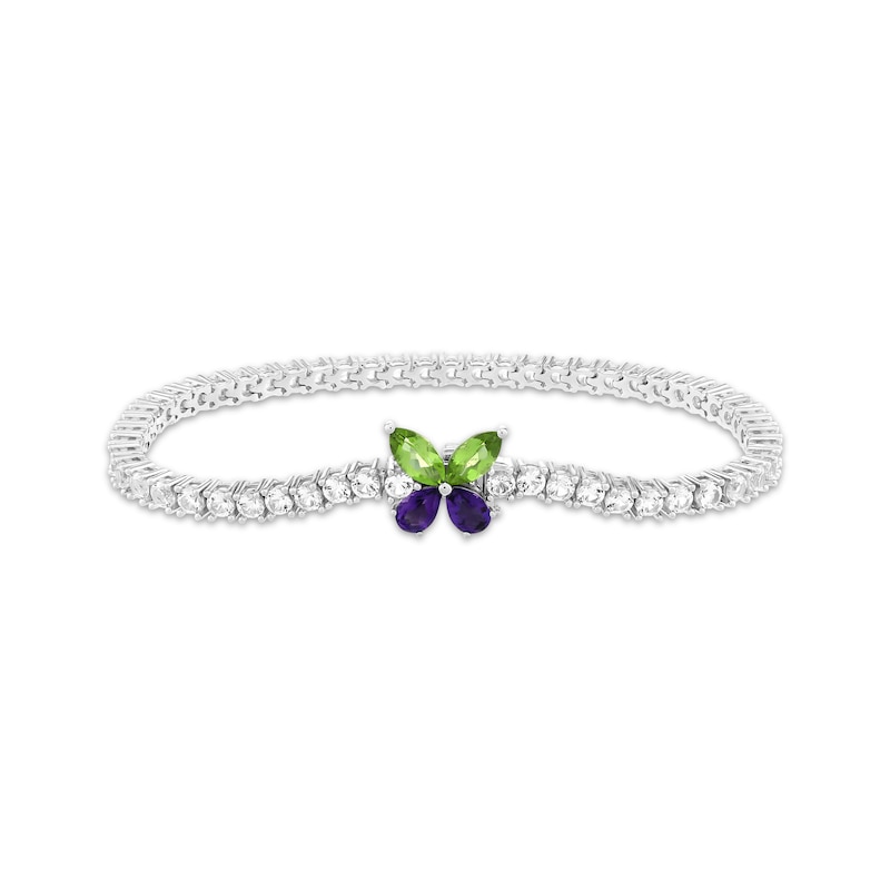 Main Image 1 of Marquise-Cut Peridot, Pear-Shaped Amethyst & White Lab-Created Sapphire Butterfly Bracelet Sterling Silver 7.25&quot;