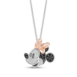 Disney Treasures Minnie Mouse Black & White Diamond Necklace 1/6 ct tw Sterling Silver & 10K Rose Gold 19&quot;