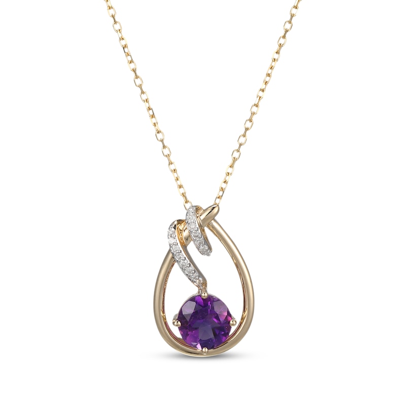 Main Image 1 of Amethyst & Diamond Teardrop Ribbon Necklace 1/15 ct tw 10K Yellow Gold 18&quot;