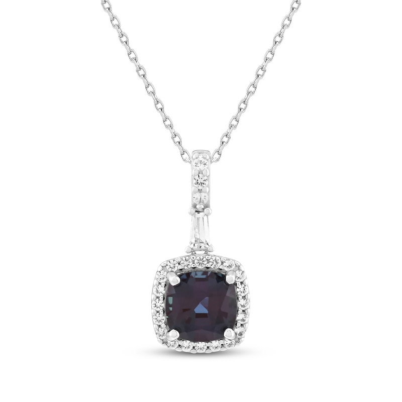 Main Image 1 of Cushion-Cut Lab-Created Alexandrite & White Lab-Created Sapphire Halo Necklace Sterling Silver 18&quot;