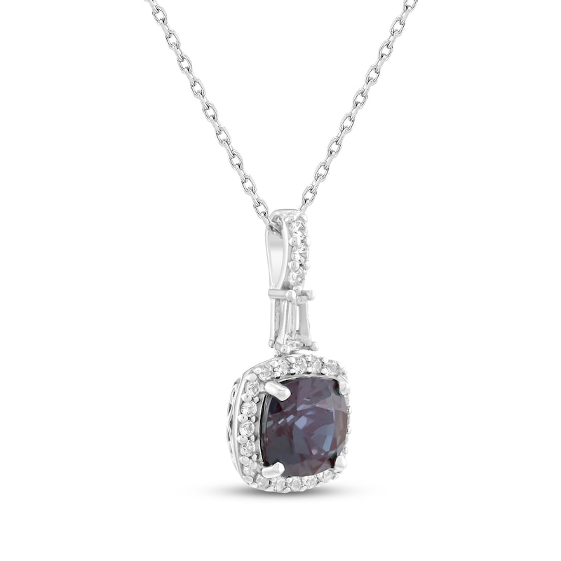 Main Image 2 of Cushion-Cut Lab-Created Alexandrite & White Lab-Created Sapphire Halo Necklace Sterling Silver 18&quot;