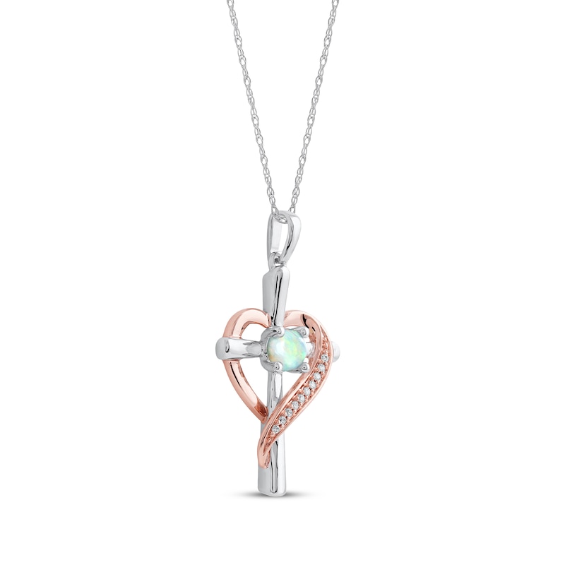 Main Image 2 of Opal & Diamond Accent Cross Necklace with Heart Sterling Silver & 10K Rose Gold 18&quot;