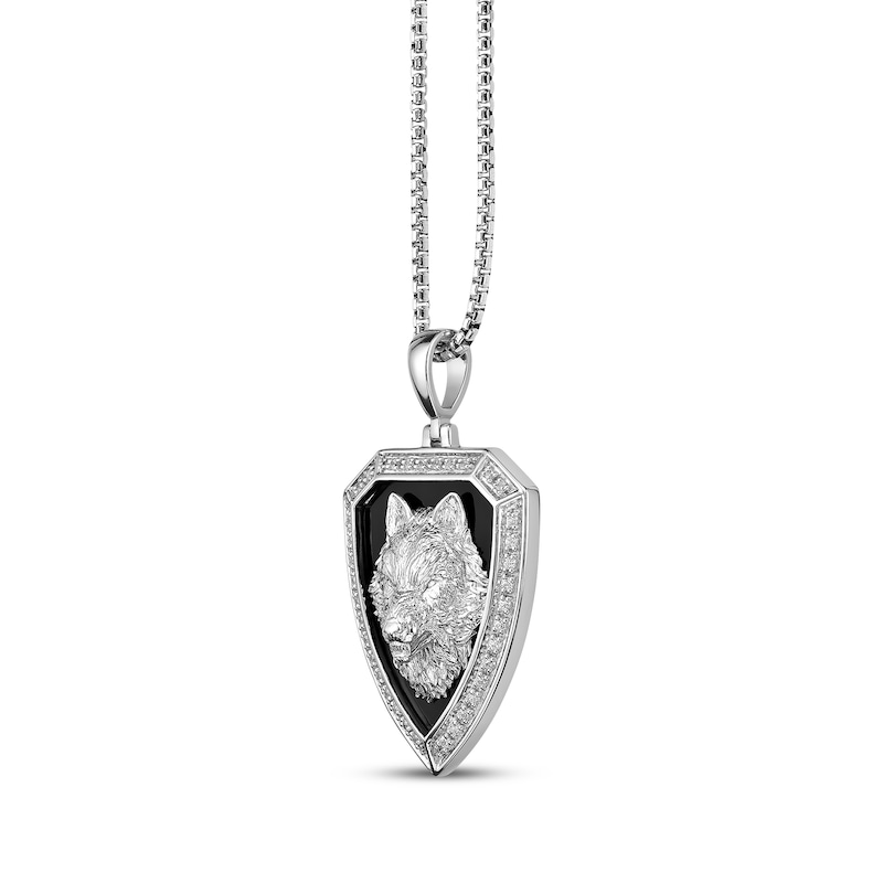 Main Image 2 of Men's Black Onyx & Diamond Wolf Shield Necklace 1/4 ct tw Sterling Silver 24&quot;