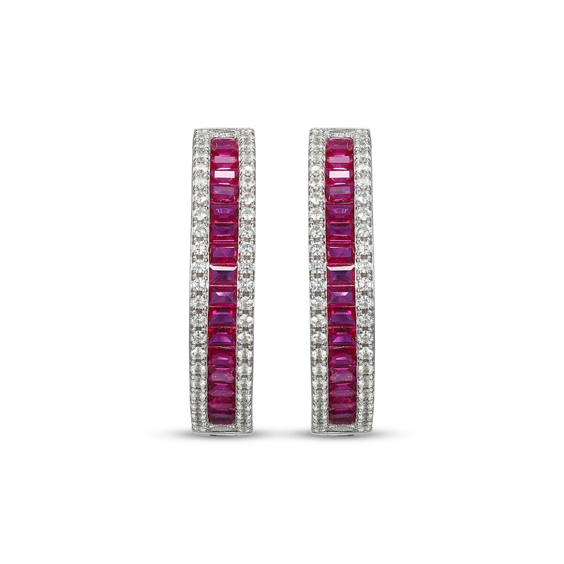 Main Image 2 of Baguette-Cut Lab-Created Ruby & White Lab-Created Sapphire Hoop Earrings Sterling Silver