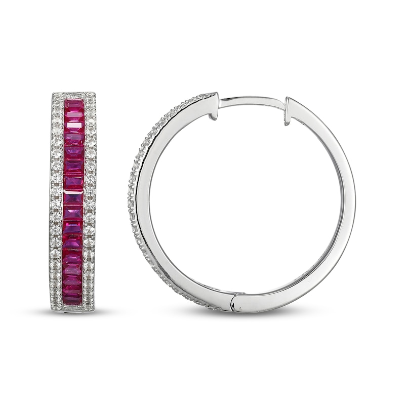 Main Image 3 of Baguette-Cut Lab-Created Ruby & White Lab-Created Sapphire Hoop Earrings Sterling Silver