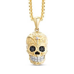 Men's Black & White Diamond Skull Necklace 1/8 ct tw 10K Yellow Gold 22&quot;