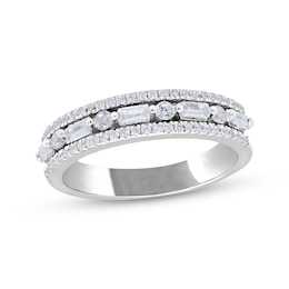 Baguette & Round-Cut Diamond Three-Row Anniversary Ring 1/2 ct tw 14K White Gold