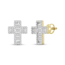 Men's Baguette & Round-Cut Diamond Cross Stud Earrings 1/3 ct tw 10K Yellow Gold