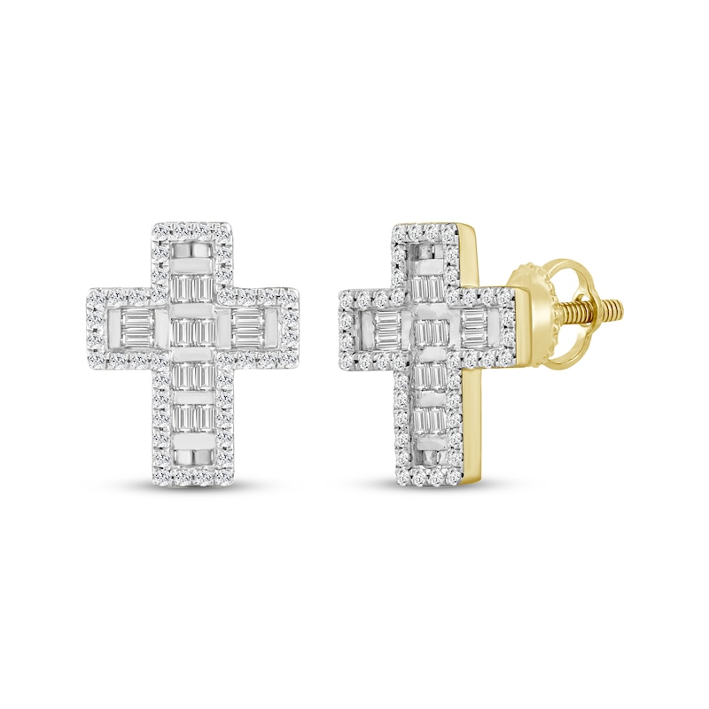 Main Image 1 of Men's Baguette & Round-Cut Diamond Cross Stud Earrings 1/3 ct tw 10K Yellow Gold