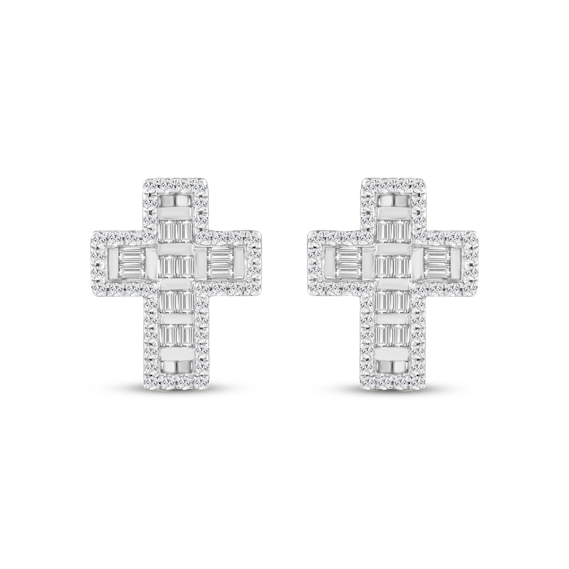 Main Image 2 of Men's Baguette & Round-Cut Diamond Cross Stud Earrings 1/3 ct tw 10K Yellow Gold