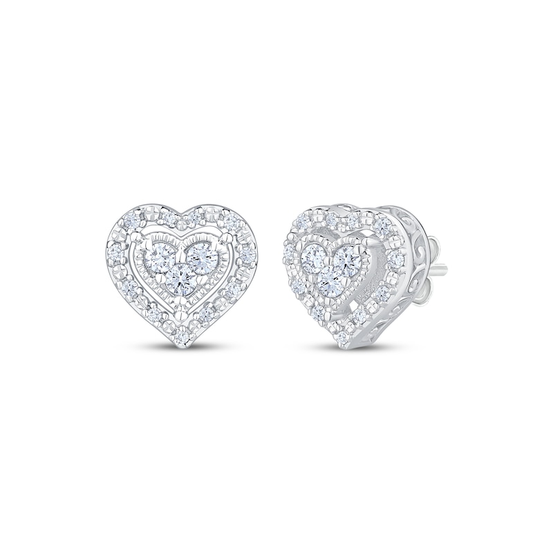 Main Image 1 of Multi-Diamond Heart Halo Stud Earrings 1/4 ct tw Sterling Silver