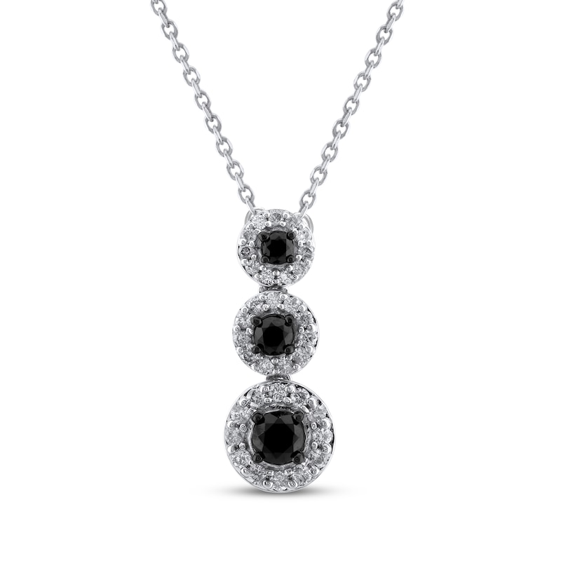 Main Image 1 of Black & White Diamond Three-Stone Halo Drop Necklace 1/2 ct tw Sterling Silver 18&quot;