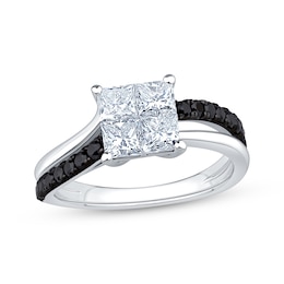 Now + Forever Princess-Cut Quad White Diamond & Black Diamond Engagement Ring 1-1/4 ct tw 14K White Gold