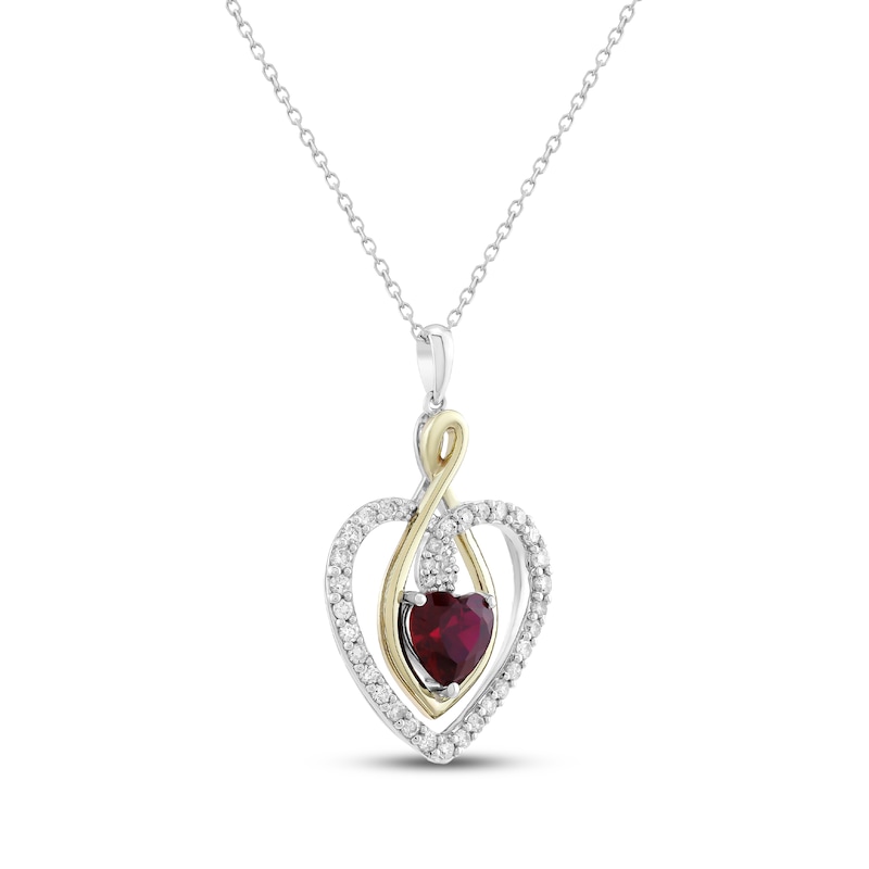 Main Image 2 of Heart-Shaped Lab-Created Ruby & Diamond Necklace 1/2 ct tw Sterling Silver & 10K Yellow Gold 18&quot;