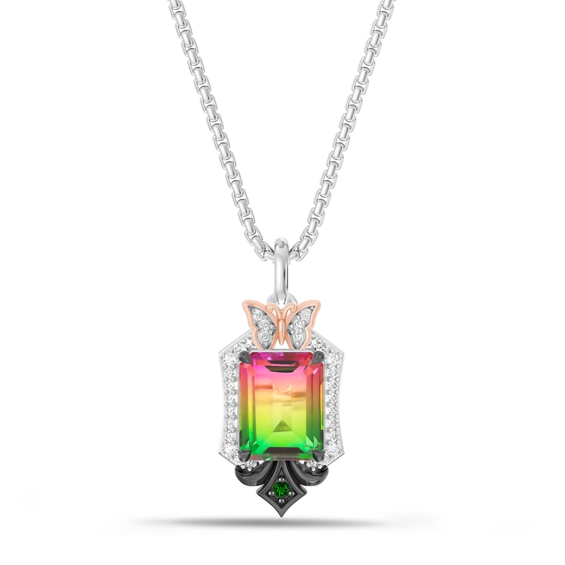 Main Image 1 of Wicked Octagon-Cut Watermelon Quartz, Green Tourmaline & Diamond Necklace 1/10 ct tw Sterling Silver & 10K Rose Gold 18&quot;