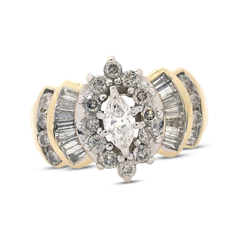 Main Image 1 of Previously Owned Diamond Engagement Ring 1-1/2 ct tw Marquise, Baguette & Round 14K Yellow Gold