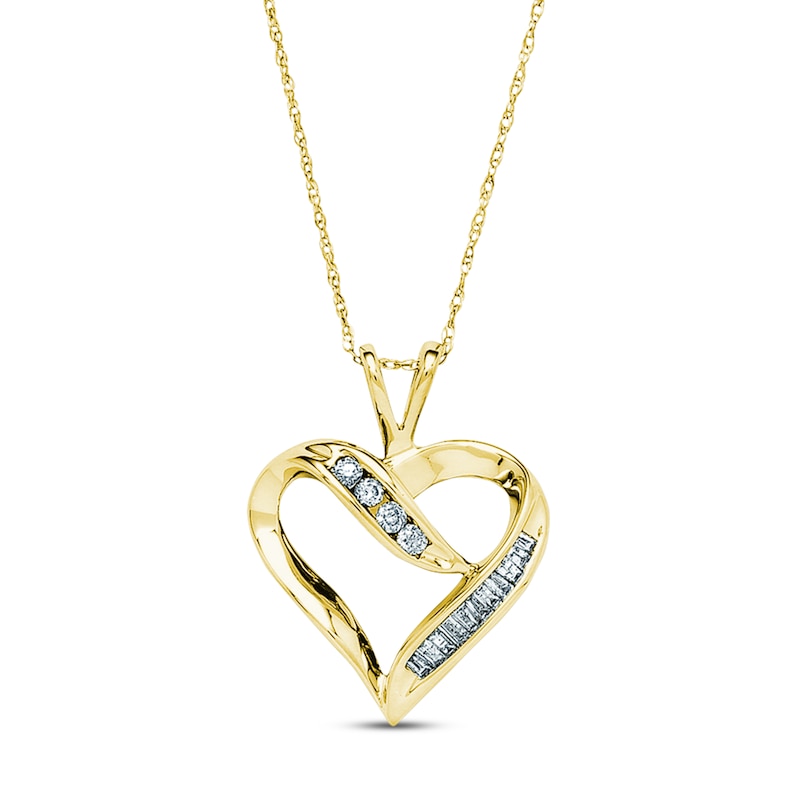 Previously Owned Diamond Heart Necklace 1/4 ct tw Round & Baguette-cut ...