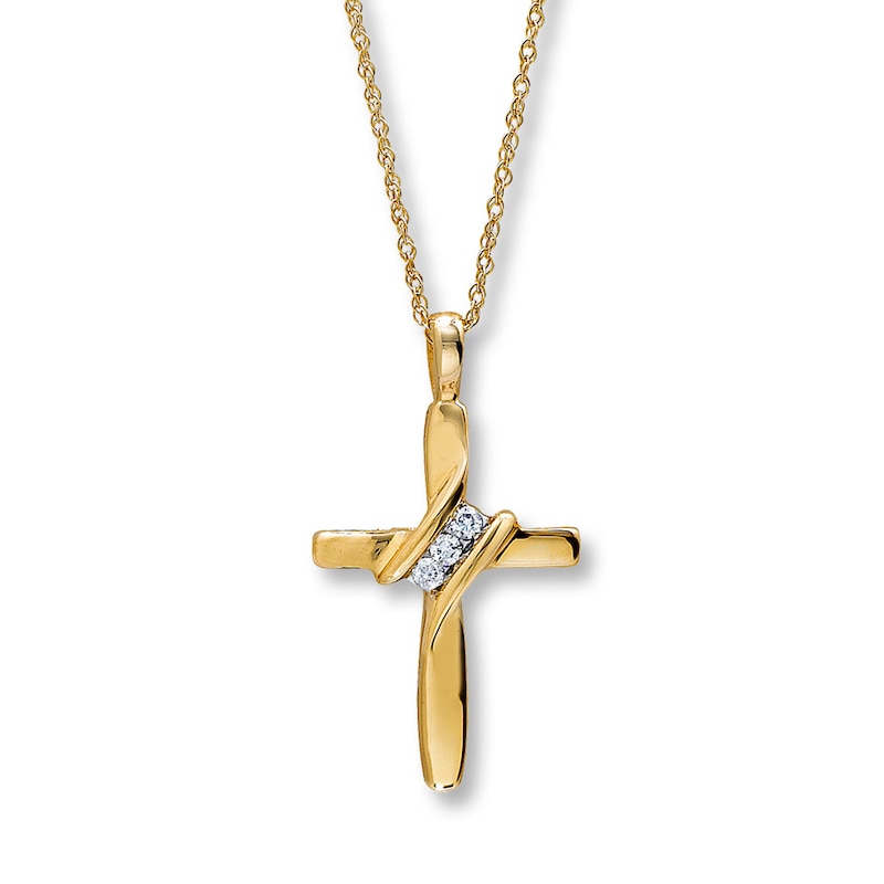 Main Image 1 of Previously Owned Diamond Cross Necklace 1/20 ct tw Round-Cut 10K Yellow Gold