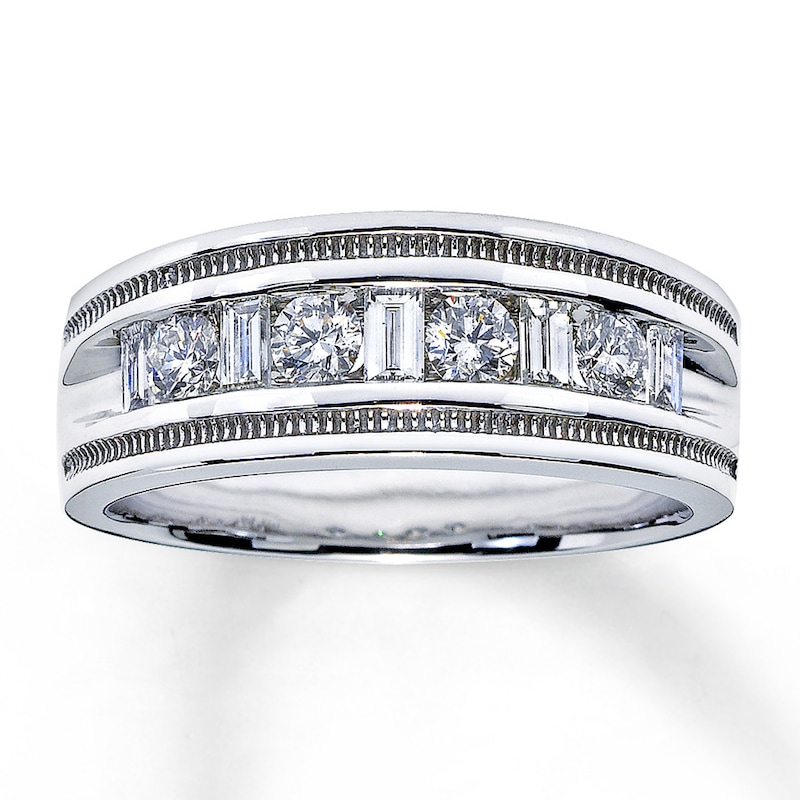 Main Image 1 of Previously Owned Men's Diamond Wedding Band 1 ct tw Round & Baguette-Cut 14K White Gold