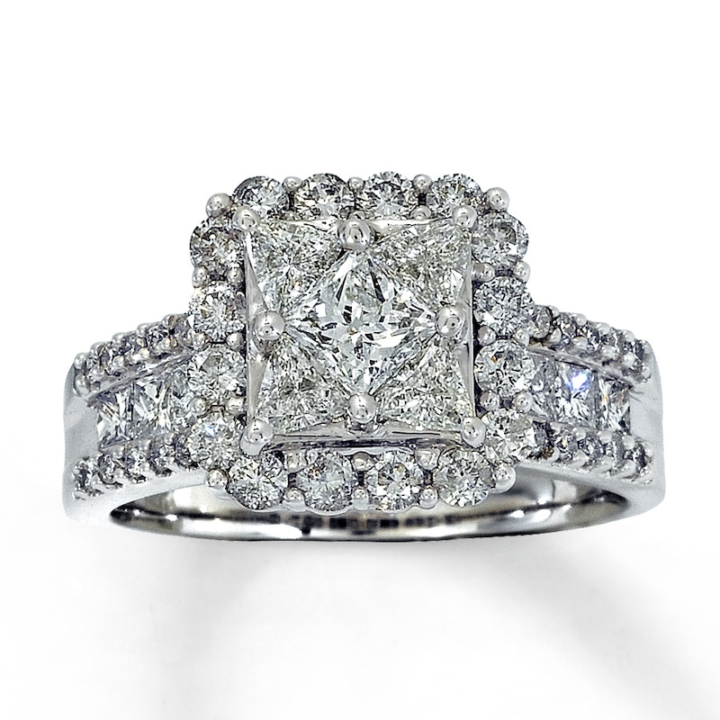Previously Owned Diamond Engagement Ring 2-1/5 ct tw Princess, Trillion & Round 14K White Gold