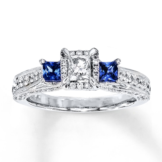 Previously Owned 3-Stone Diamond & Sapphire Ring 1 ct tw Princess-cut 14K White Gold