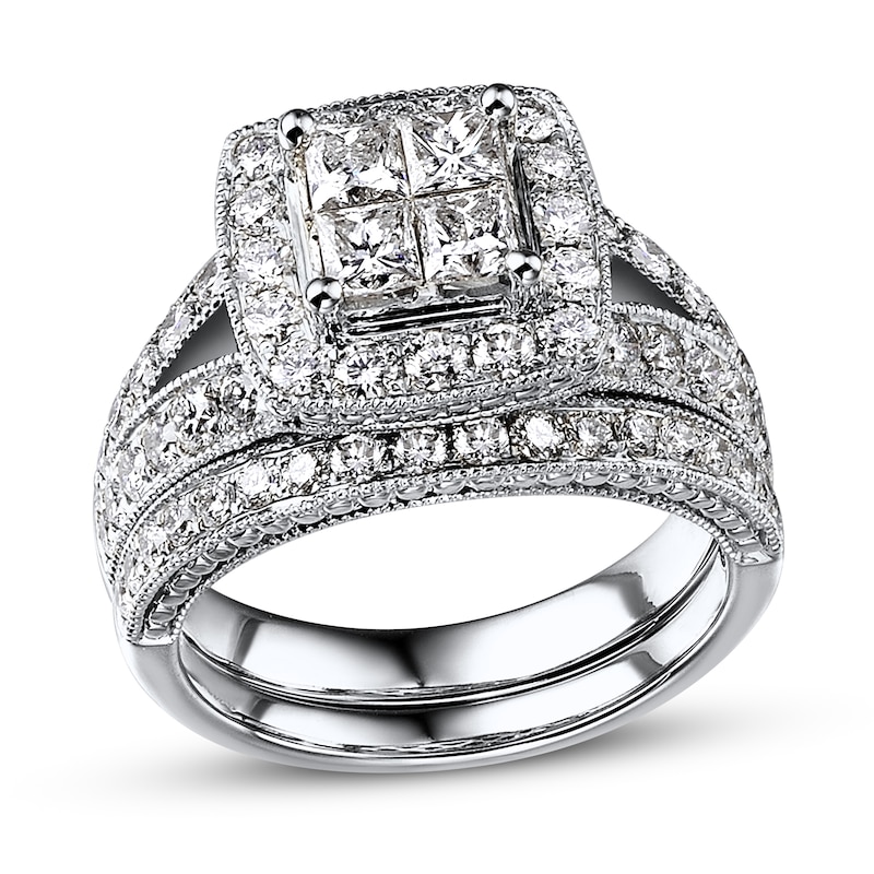 Main Image 1 of Previously Owned Diamond Bridal Set 1-7/8 ct tw Princess/Round 14K White Gold